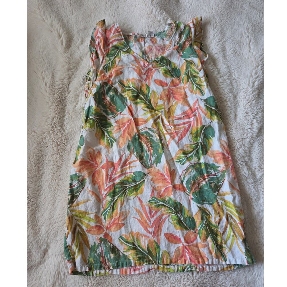 Tropical leaf 100% Linen Flutter Sleeve Summer Vacation Shift Dress size Large